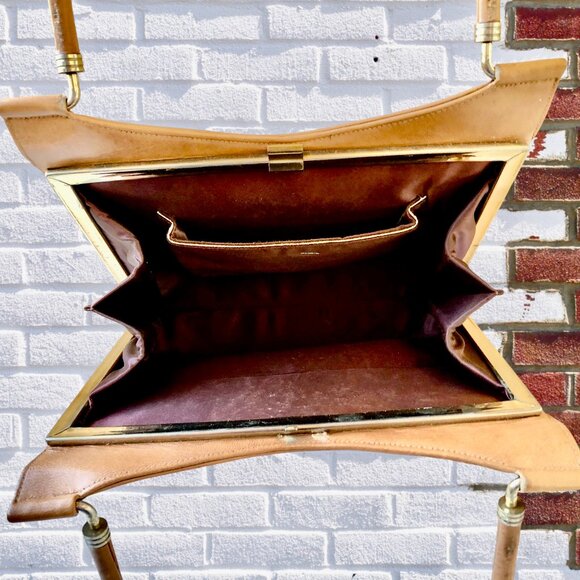 Vintage 60's Tan Brown Leather Handbag Purse with Covered Metal Handles - Picture 9 of 14